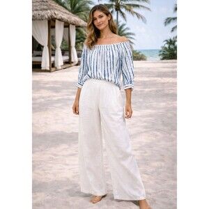 Polo Ralph Lauren Women XS 100% Linen Top Off Shoulder Blue Stripe Beachy Resort